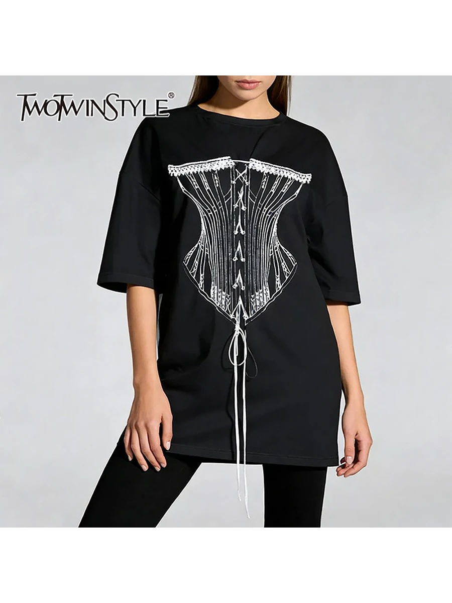 TWOTWINSTYLE Fashion Loose Spliced Strap T Shirts for Women Round Neck Half Sleeves Patchwork Lace Casual T Shirt Female Clothes
