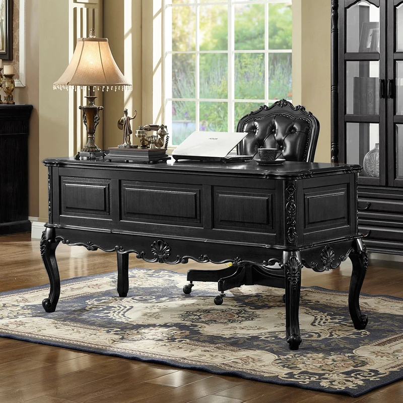 

French retro black desk medieval solid wood home study bedroom European boss office computer writing desk