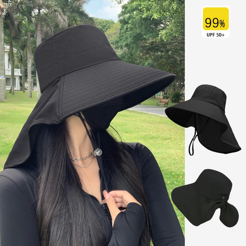 Sun Hat For Women With Neck Flap UPF 50+ UV Protective Hiking Beach Shawl Sunscreen Cap Wide Brim Ponytail Travel Fisherman Hat