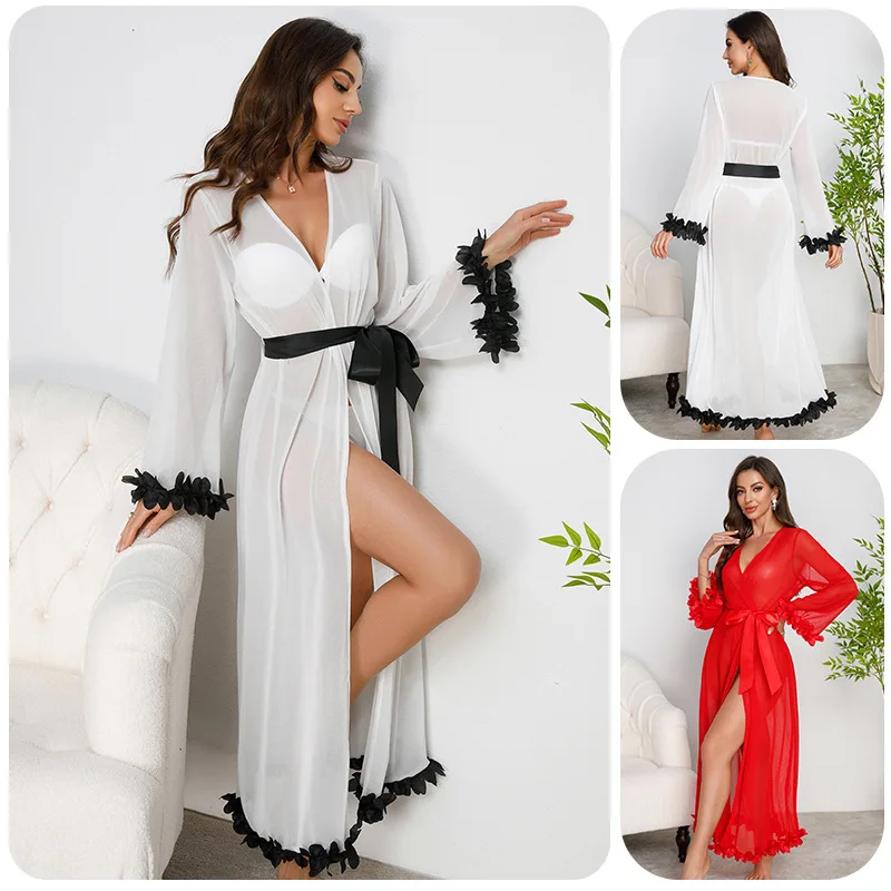 Women's Fashion Sheer Mesh Robe with Petal Detail Sexy Solid Color See-Through Long Robe Summer Loungewear Sleepwear for Home