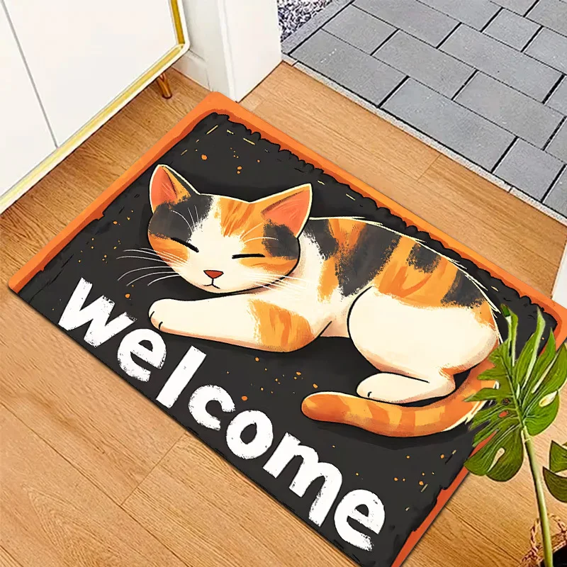 2D Lazy Warm Tricolor Cat Sleeping Theme Outdoor Door Mat, Flannel Material, Thick Plush with Sponge 0.4 Inches/550G Per Square Meter - Depicting Orange White