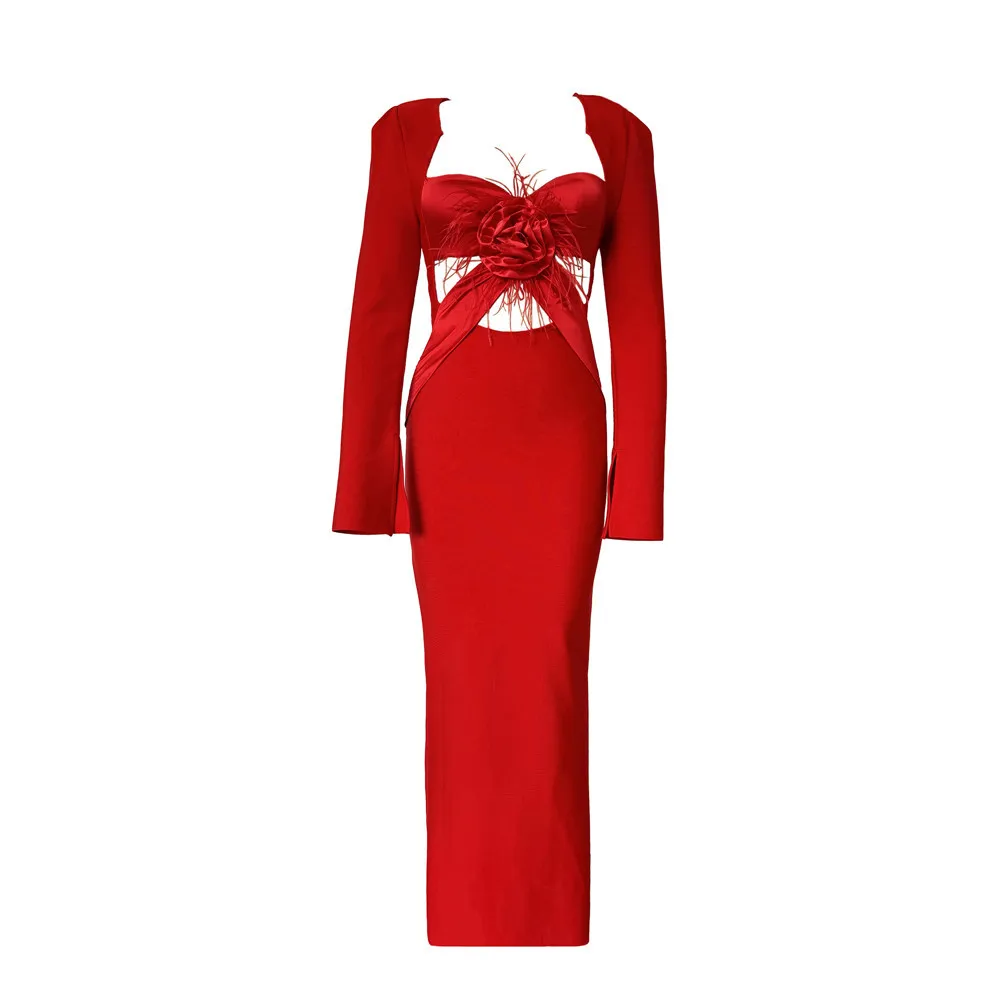Femmes de luxe rouge robe de pansement élégant à manches longues col carré découpé longue anniversaire célébrité soirée Club robes de soirée Gala