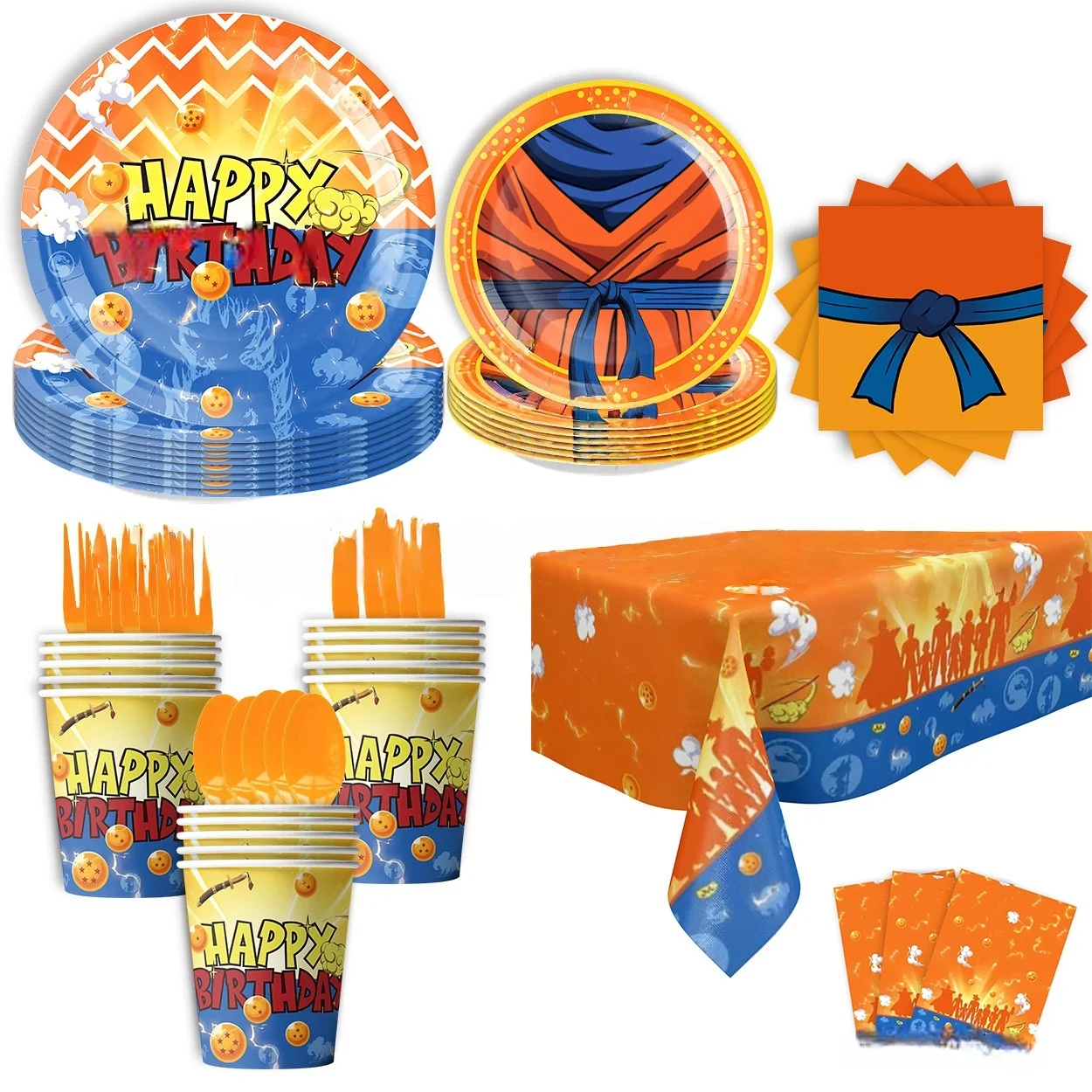 애니메이션 드래곤볼 생일 장식 일회용 식기 배너 케이크 토퍼 손오공 파티 풍선 세트 접시 생일 장식 장난감