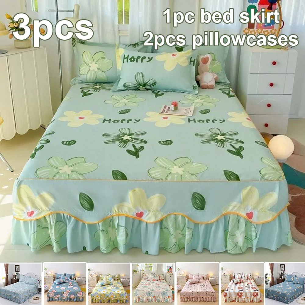

Pleated Lace Bed Skirt Princess Style Ruffle Bedding Cover with Pillowcases 3pcs Soft Dust Ruffle for Twin/Full/Queen/King Beds
