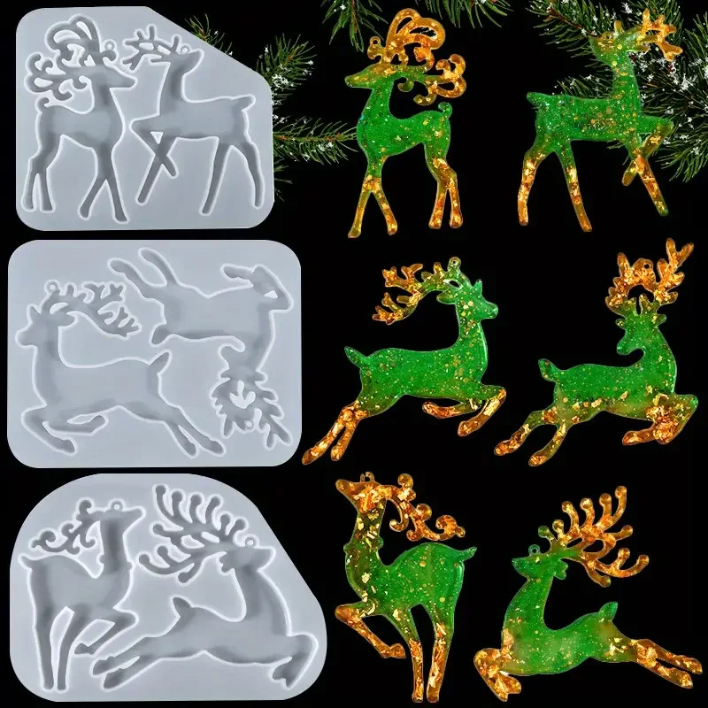 

3Pcs/set DIY Christmas Elk Silicone Molds DIY Jewelry Keychain Silicone Mold New Year Hanging Pendant Ornament Resin Epoxy Mold