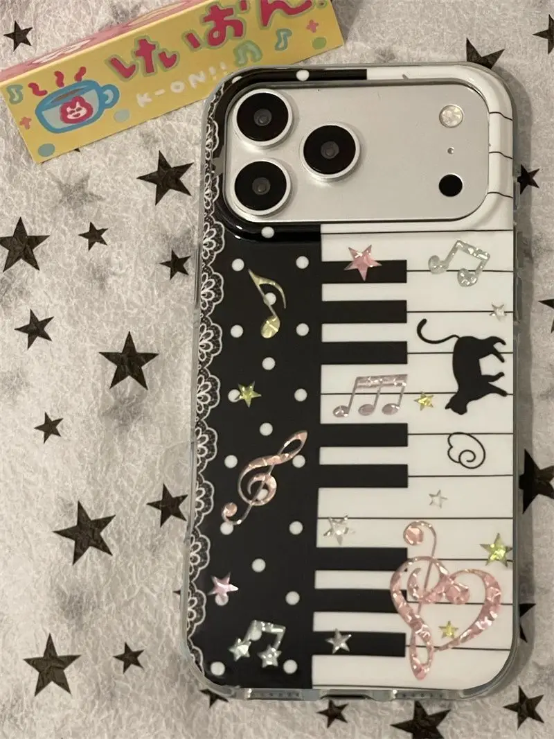 Black and White Piano Music Notes Cat Kawaii Cute Phone Case For iPhone 18 17 16 15 14 13 12 11 Pro XR XS X Max 8 7 MINI Cover view 5