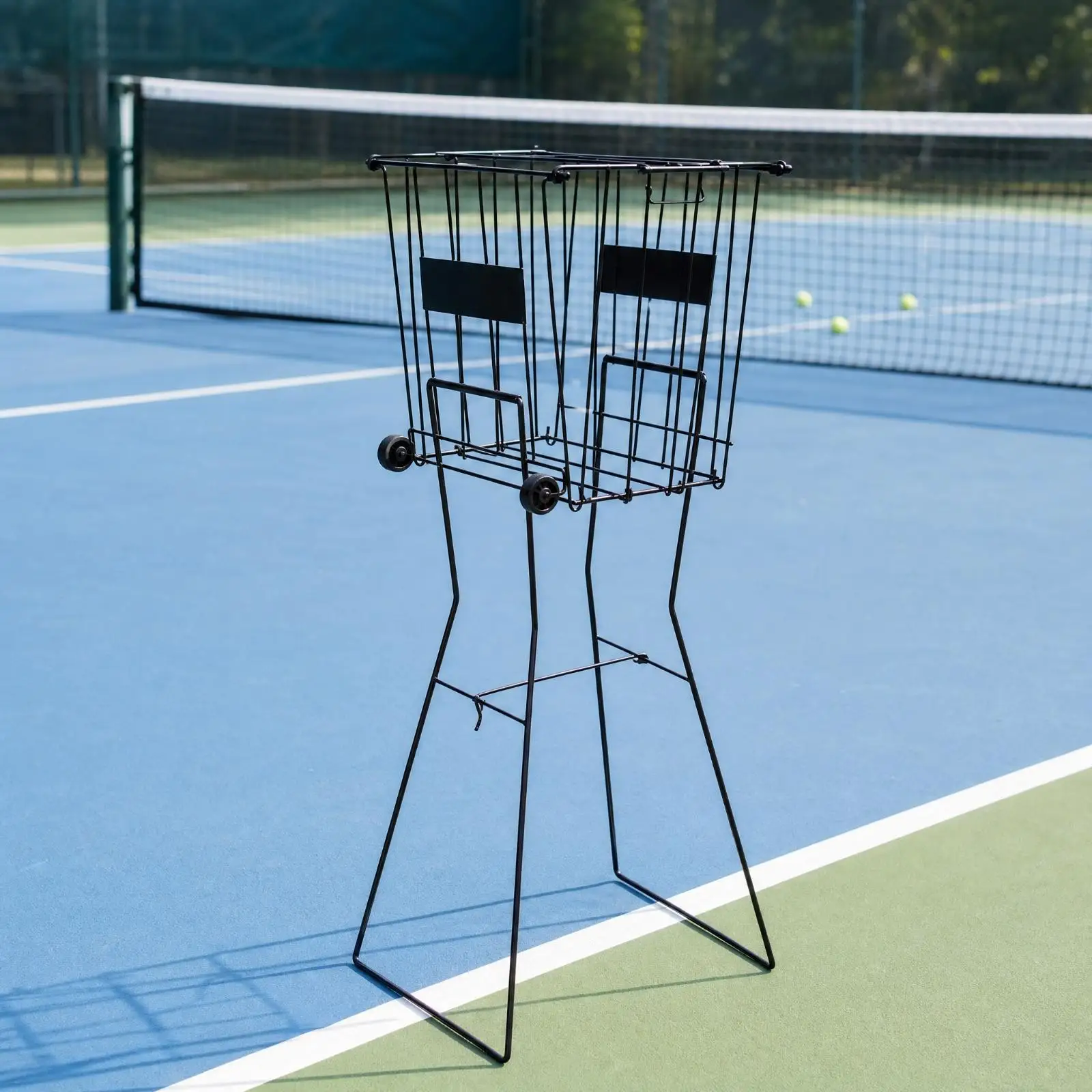 Wheeled Pickleball Ball Retriever Steel Wire Basket Portable Tennis Ball Collector for Court Training Accessories