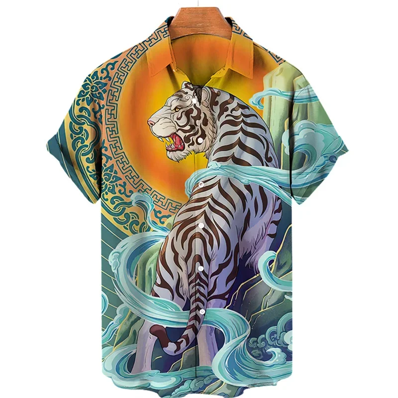 

Гавайская рубашка с изображением тигра, мужская одежда, блузка с 3d принтом Fierce Beast, уличные повседневные топы с короткими рукавами, рубашки с лацканами большого размера