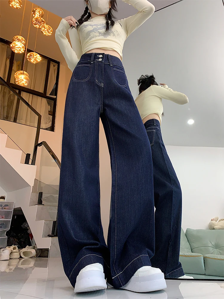 Jean en Denim à jambes larges pour femmes, bleu profond, grande taille, ample, droit, Double bleu, taille haute, pantalon amincissant, longueur au sol