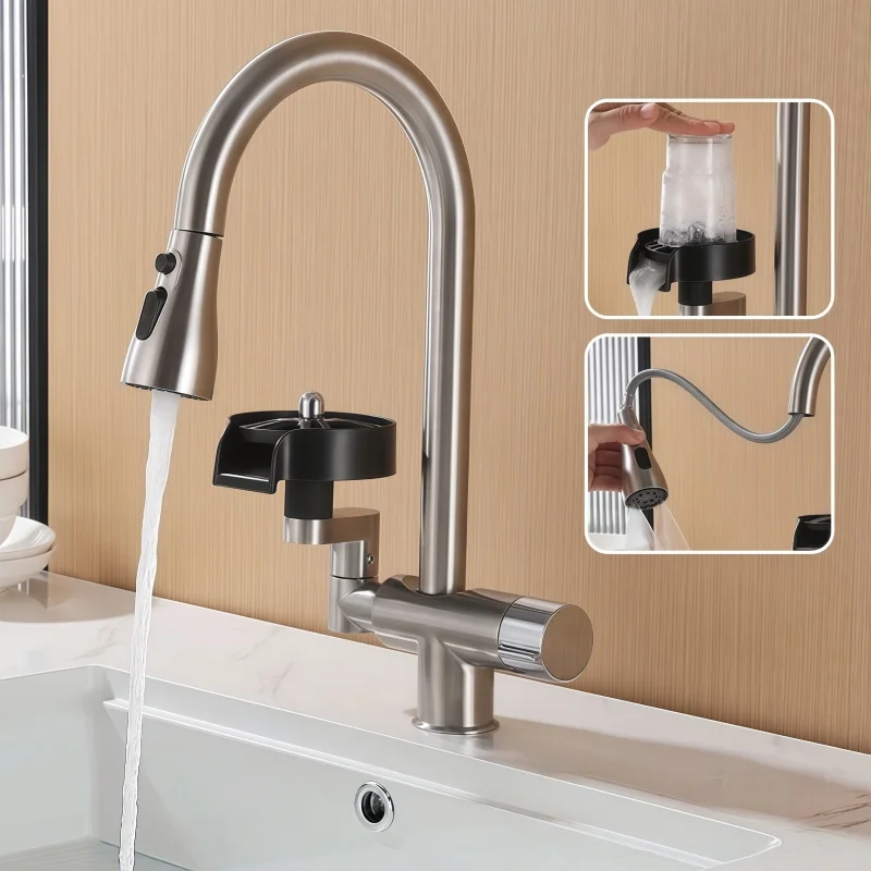 Cup Washer Kitchen Pull-Out Faucet Stainless Steel Multi-Function with Cup Washer Pull-Out Hot and Cold Dual Control Faucet