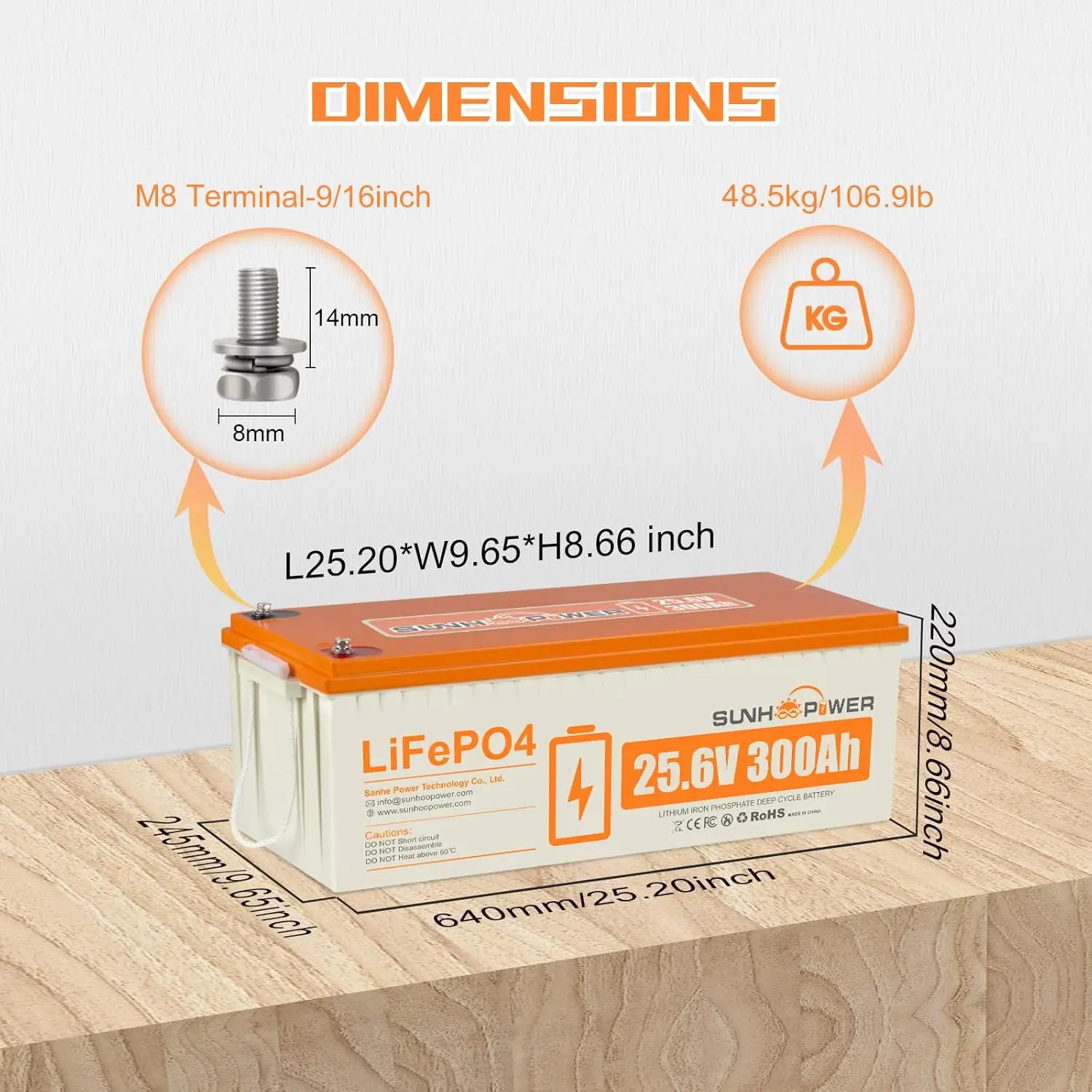24V 300AH LiFePO4 Battery, 7680Wh Rechargeable Lithium Battery Built-in 200A BMS, Deep Cycle & Low Self-Discharge,, Custom