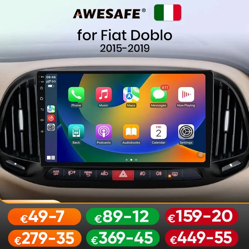 AWESAFE Wireless CarPlay for Apple Android 13 Auto Radio for Fiat Doblo 2015 2016 2017 2018 2019 Multimedia Screen Stereo GPS
