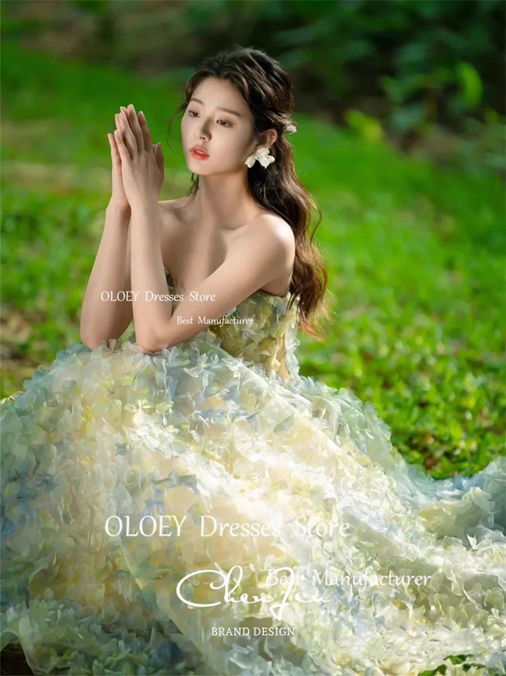 OLOEY Exquisite Green 3D Appliques Tulle Prom Dresses Korea Wedding Photoshoot Sweetheart Party Dresses Strapless Floor-Length