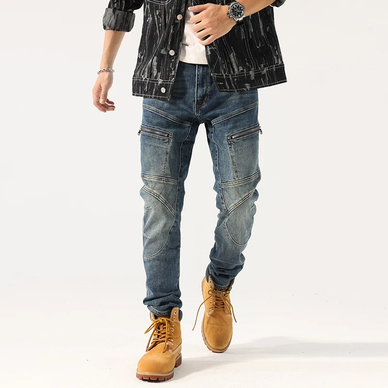 

Fall New Style Men's Slim Fit Straight Leg Jeans Motorcycle Zipper Splicing Elastic Casual Long Pants Trendy Brand Cotton Str...