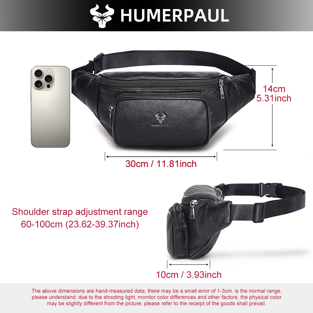 HUMERPAUL Men's Waist Fanny Pack Cowhide Classic Belt Bag Natural Leather Travel Outdoor Sling Chest Bags with Phone Pocket - view 6