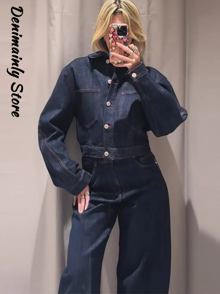 

Casual Heart Print Denim Jacket Pants Set Women Lapel Single Breasted Cropped Coats Straight Pant 2026 Spring Lady 2-piece Suit