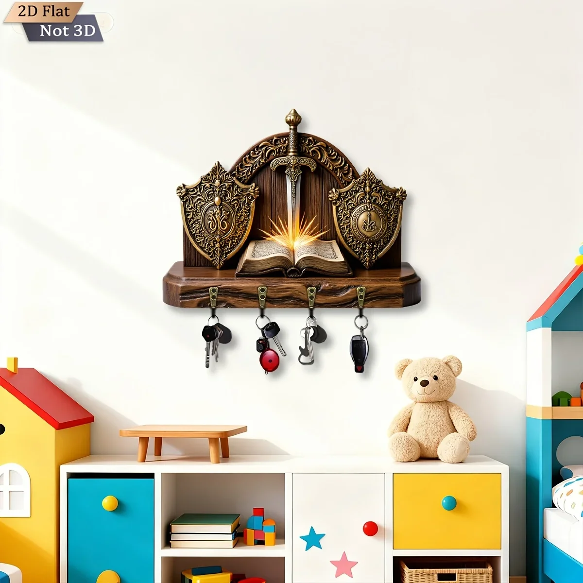 2D Flat, 1pc, Shield Sword Magic Book Style Key Hook Wooden Multifunctional Home Key Rack with Four Metal Hooks, Wall