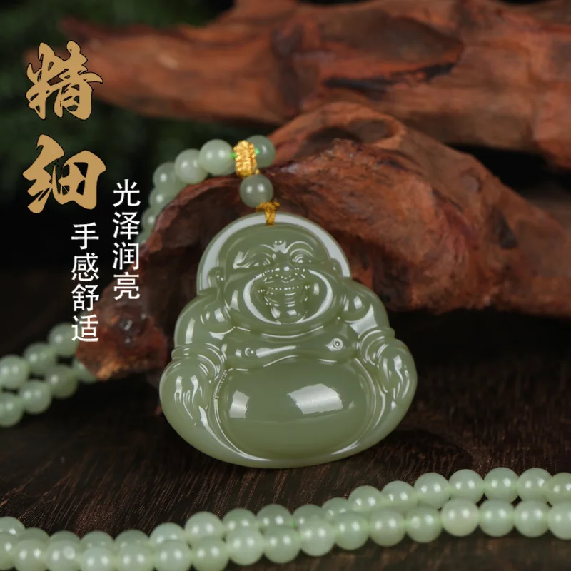 Natural Hetian Jade Maitreya Buddha Pendant for Women Lake Green Laughing Buddha Jade Pendant Necklace Sweater Chain Gifts