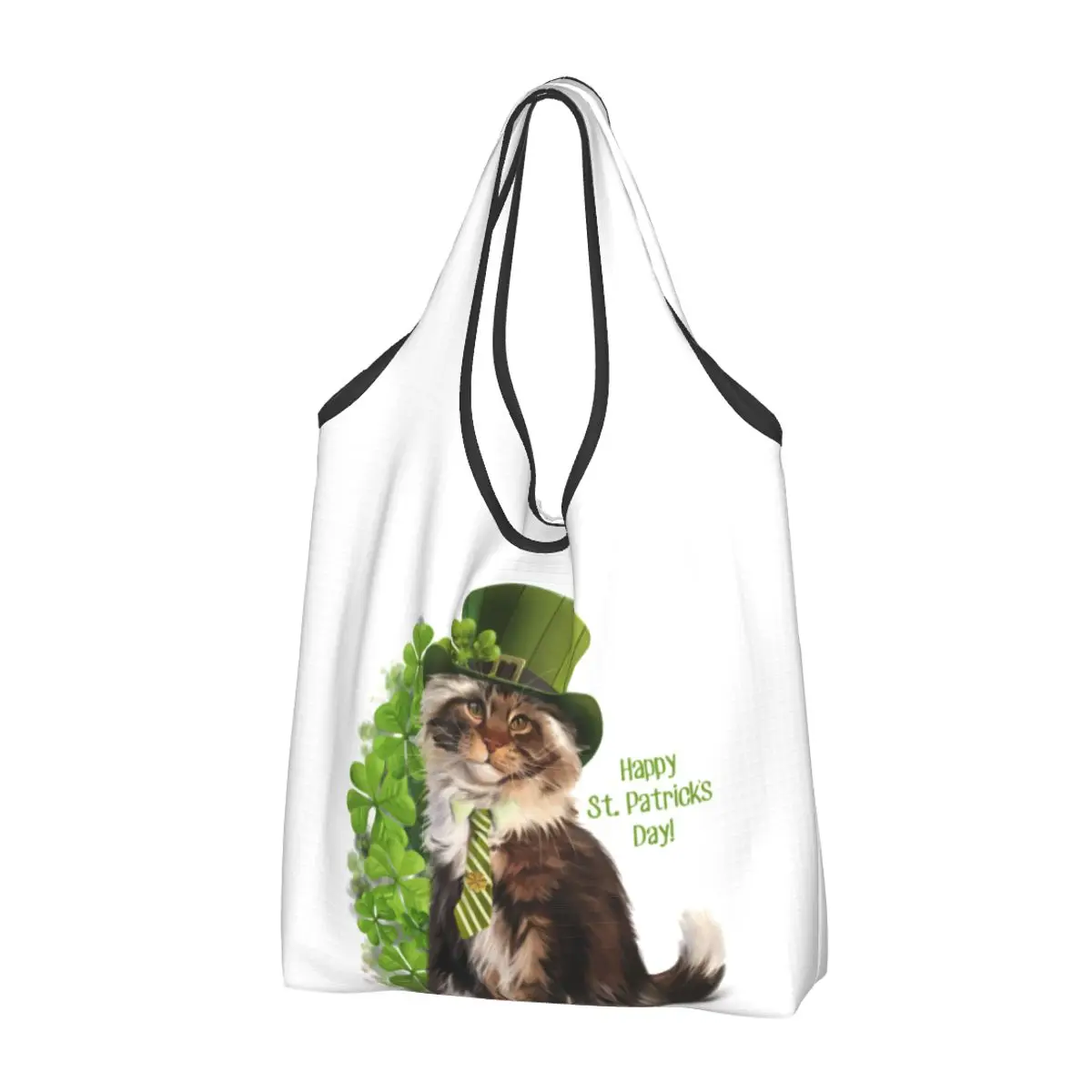 Reusable Cat Leprechaun Lucky Green Shamrock Grocery Bags Machine Irish St Patrick's Day Shopping Bags Large Eco Storage Bag
