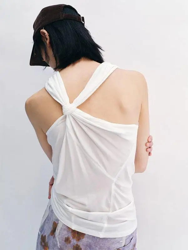 

Original Hello September Summer New Silk Twist Fold Vest Bal Crop Top Women's Slim Fit Pure Color Faion