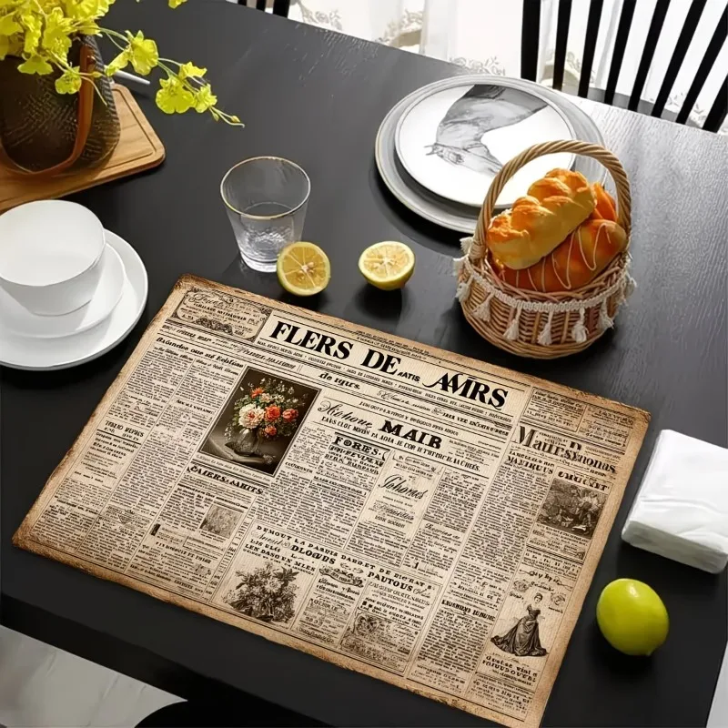 Vintage Newspaper French Floral Heat Resistant Washable Table Placemats Kitchen Dining Decor 4 Piece Set