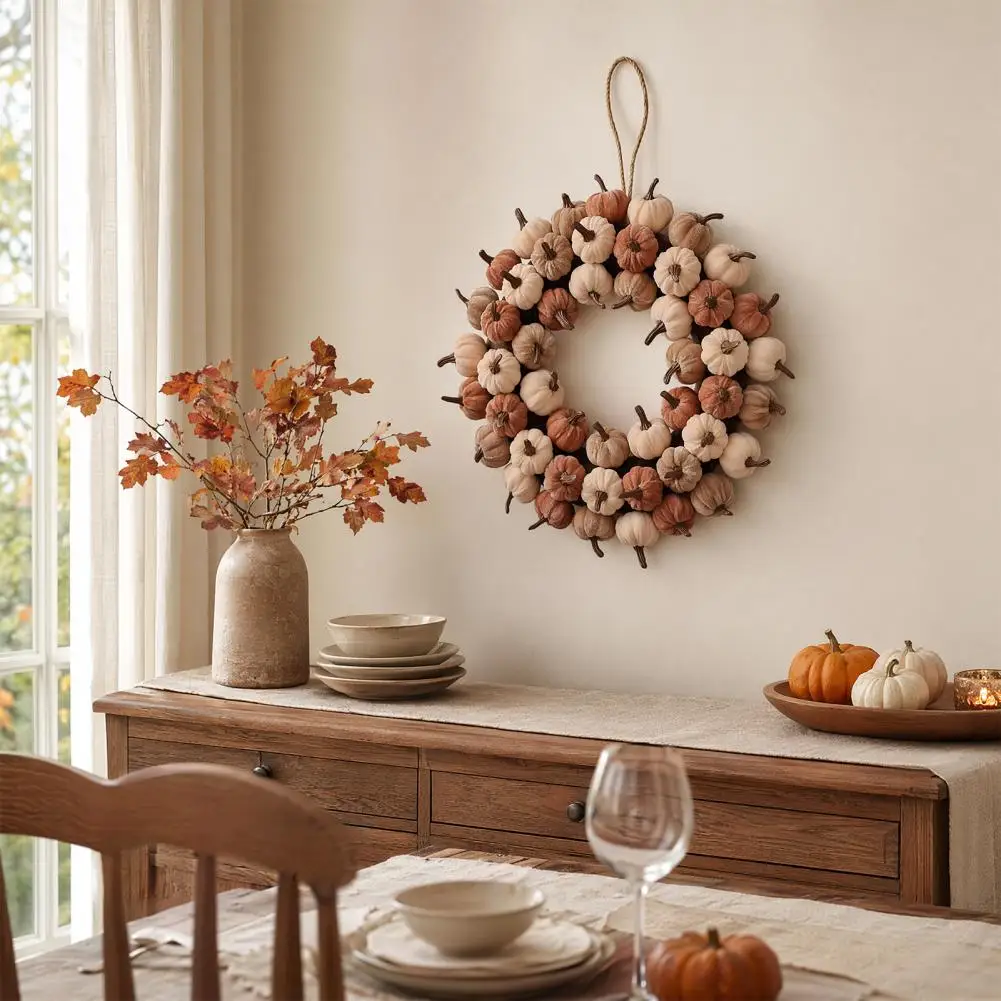 Fall Thanksgiving Velvet Pumpkin Wreath Door Hanger Rustic Autumn Harvest Garland Entryway Window Farmhouse Home Decor Gift