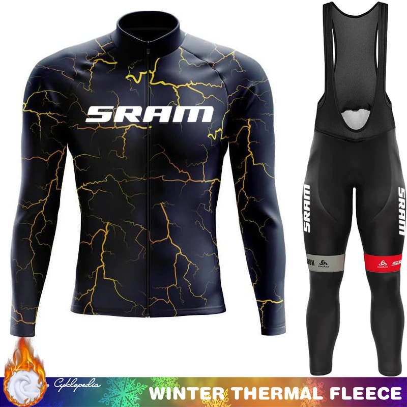 

SRAM Winter Cycling Jersey Men Thermal Fleece Sportswear Set 2025 Men's Bicycle Clothing Road Cycle Retro Triathlon Mens Clothes