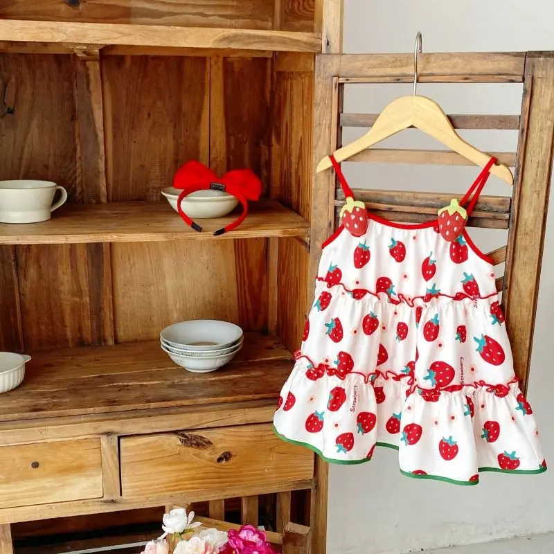 Baby Kids Summer Children Cotton Strawberries Princess Sleeveless Slip Dress Birthday Party Childrens Girls Kids Beach Skirts