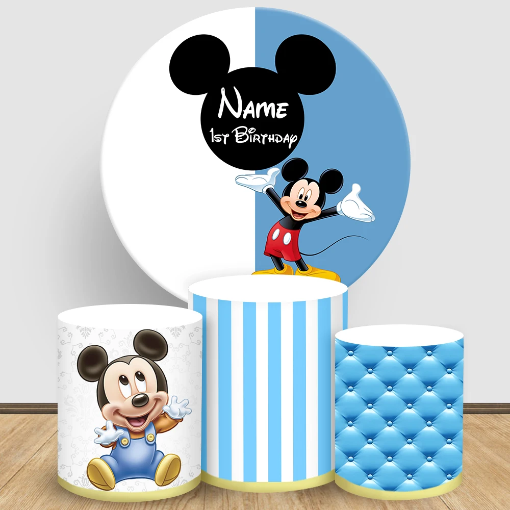

Disney Blue Baby Mickey Mouse Theme Round Backdrop Cover and Cylinder Cover Custom Name Baby Shower Photograph Table Decor