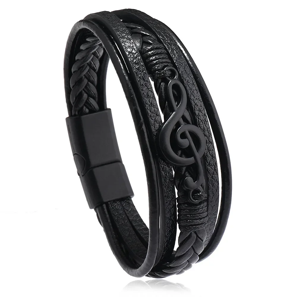Pulsera Hombre Bracelets For Men New Retro Creative Music Symbol Simple Leather Multi-layer Bracelets Magnetic Buckle Jewelry