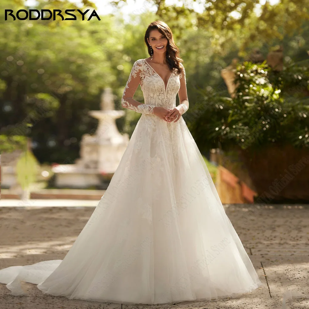 Roddrsy المرأة الجميلة الخامس الرقبة ثوب الزفاف حلم العودة ثوب الزفاف تطبيق كلمة Hochzeitskleider داRODDRSY رائعة V-Neck فساتين زفاف للنساء وهم الظهر فستان زفاف زين على شكل حرف a-line Hochzeitskleider Damen Große gröse