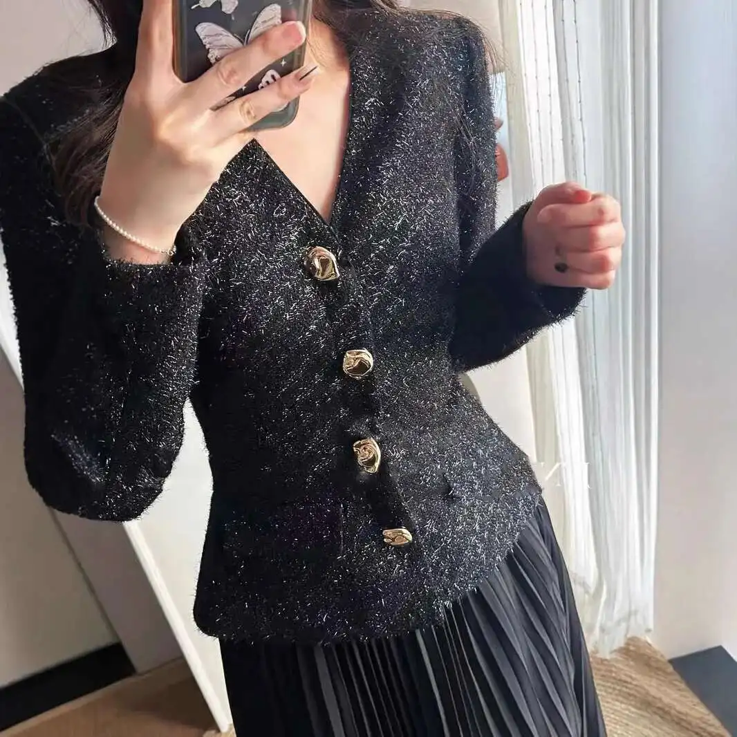 Luxury Autumn Winter Crtytal Knitted Tweed Chiffon Midi Dress For Women\'s Long Seeve Black V Neck Pleated Evening Party Vestidos