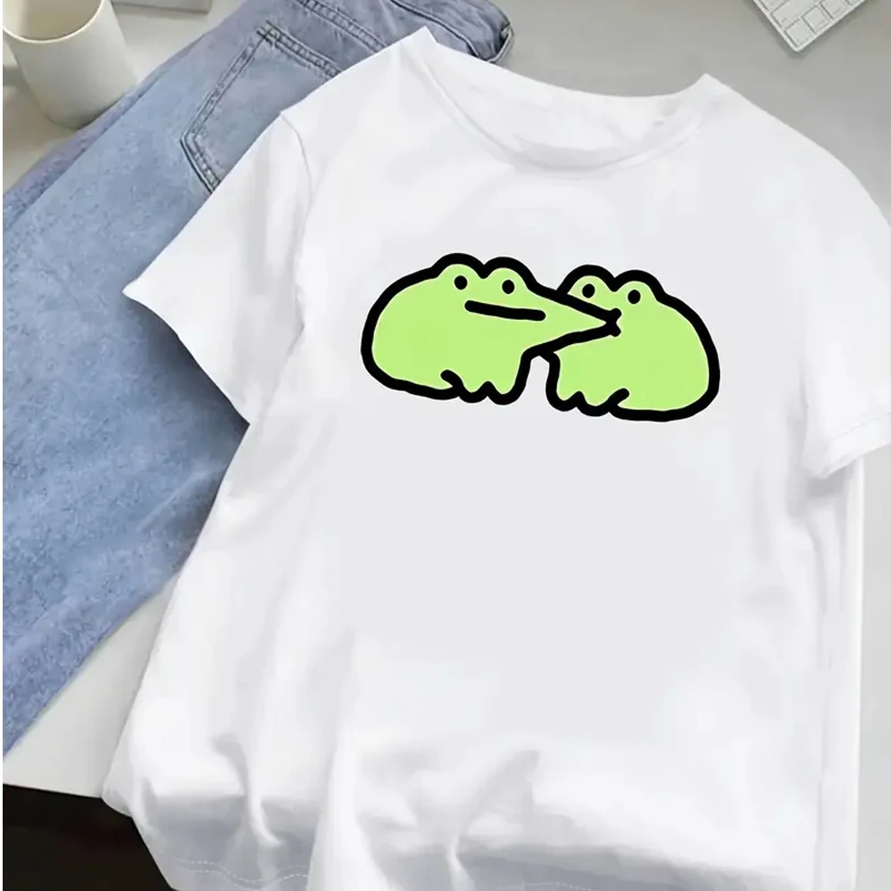 Trend Cartoon Cute Little Frog Kiss Graphic Print Short Sleeve Tee Tops Fashion Trend Women Casual Sports Style New Summer Tee