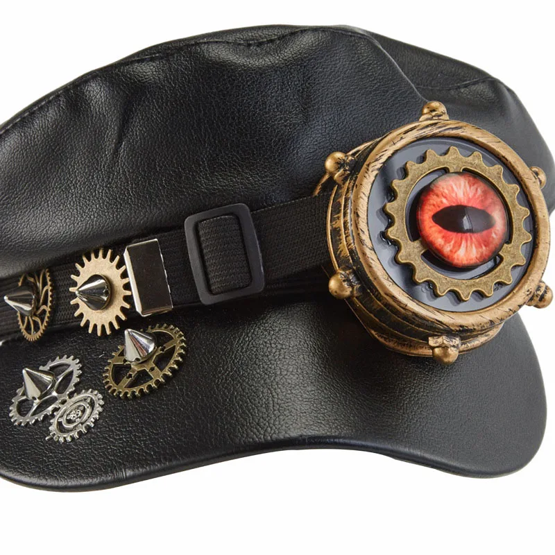 New Trendy Steampunk Newsboy Cap Black Pu Leather Punk Rivets Hat With Goggles Gothic Party Performance Cosplay Hat Accessory 4