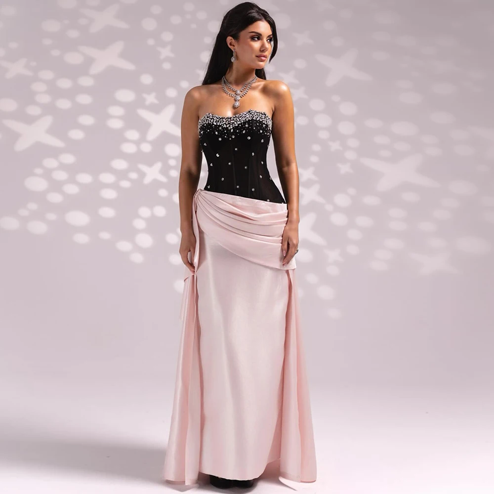 

Temperament Contrast Color Satin Celebrity Gowns Sparkly Crystal Customized Evening Dress Strapless Sleeveless Prom Dresses