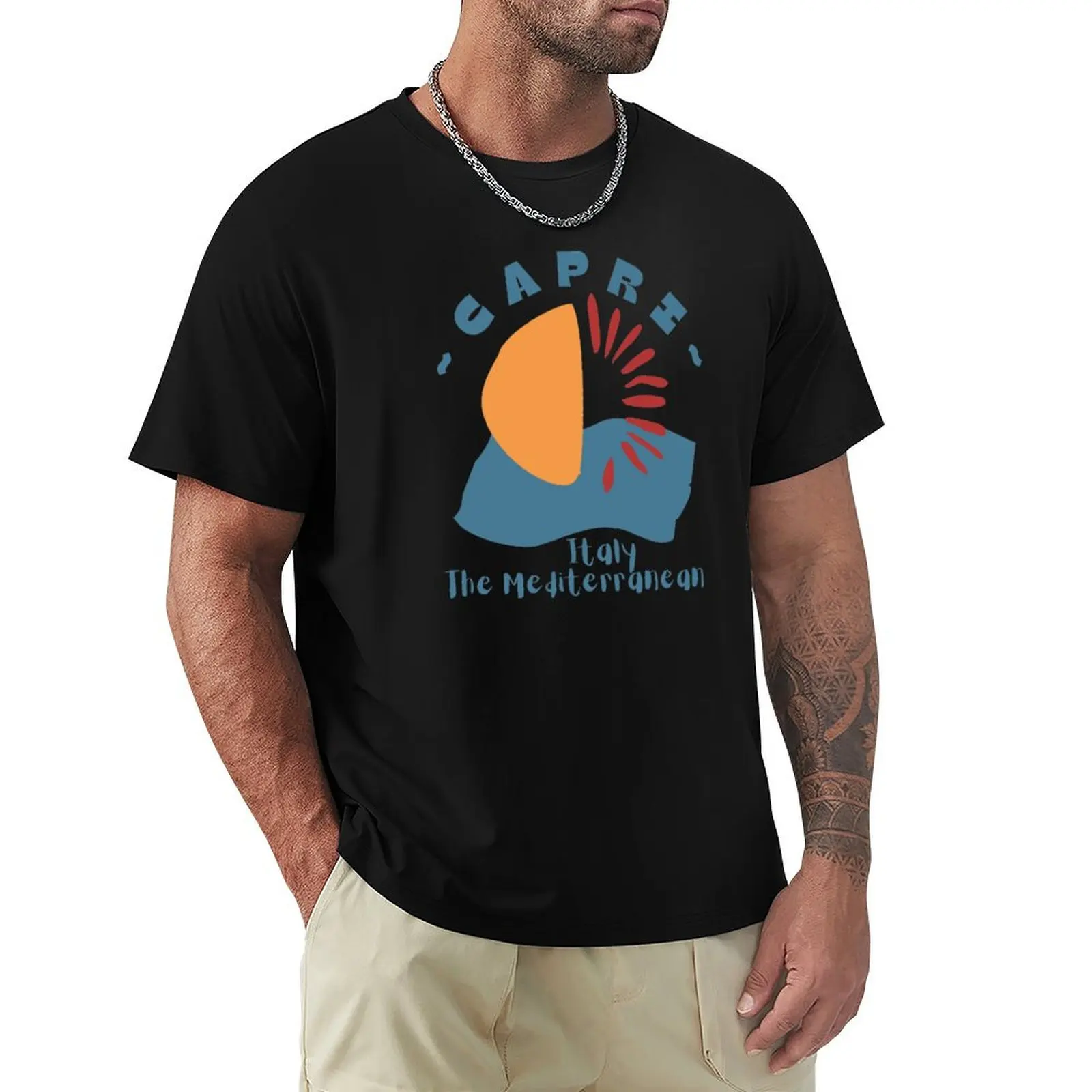 Abstract Capri Italy The Mediterranean - Blue Text - Vacation / Cruise T-Shirt Casual Fashion Short Sleeve Cotton T-Shirt