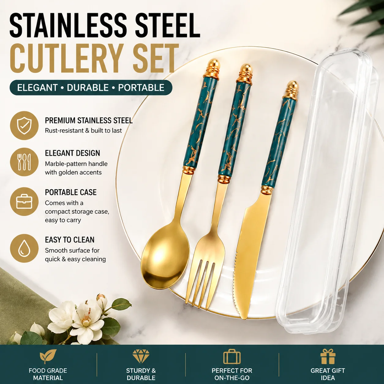 3Pcs Stainless Steel Cutlery Set, Marble Pattern Knife Fork Spoon Western Tableware