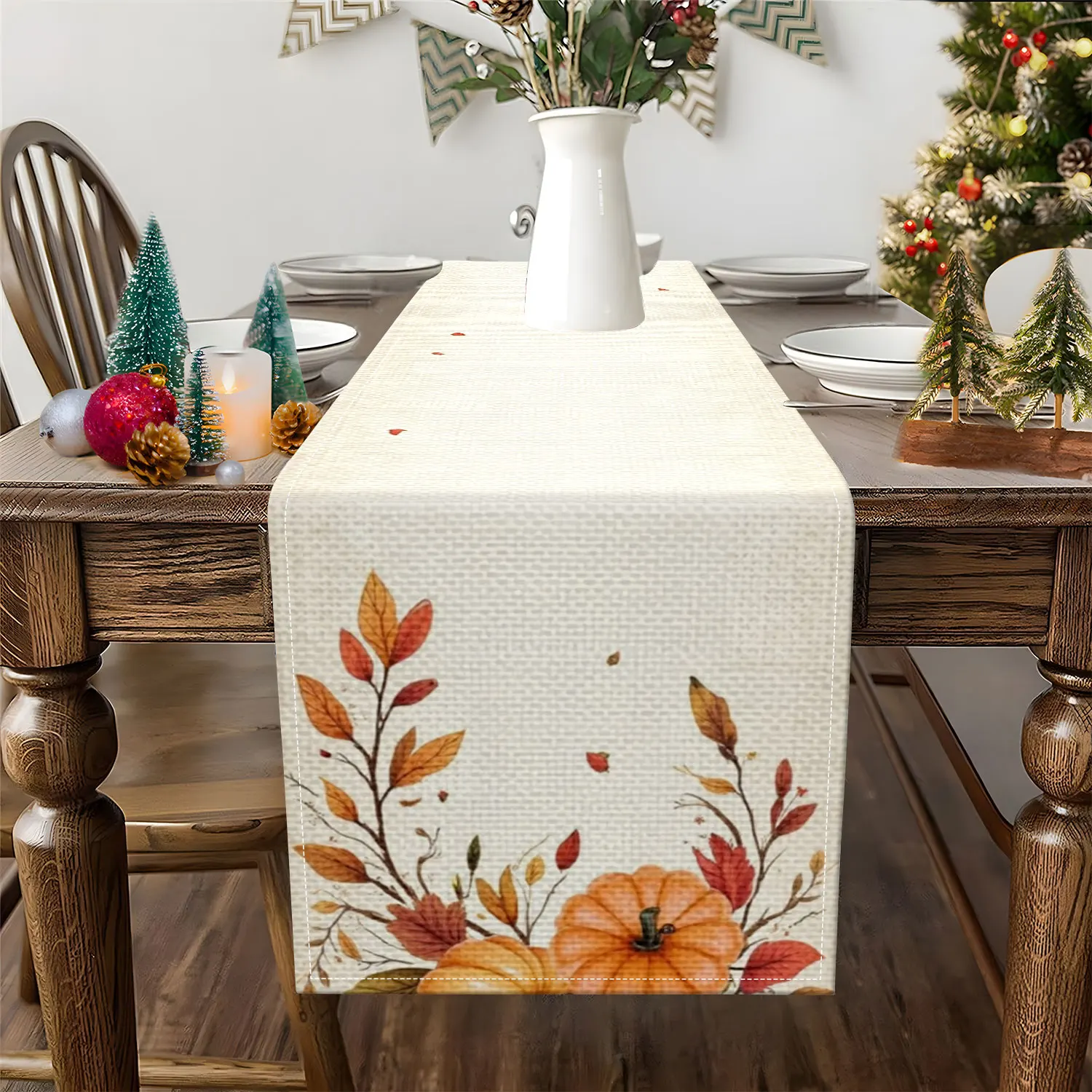 1 Piece of Autumn Vine-Themed Table Runner, Featuring Pumpkins, Autumn Leaves, and Vines, Suitable for Autumn and Thanksgiving Decorations