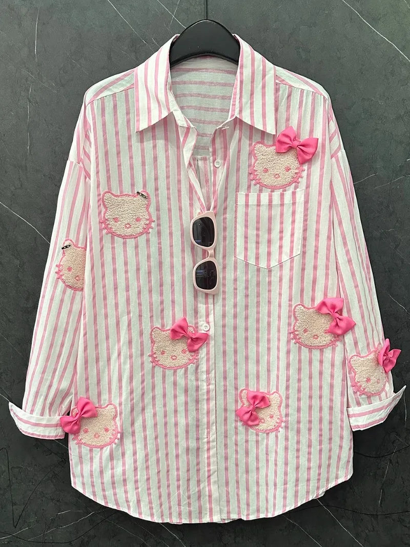 Verão novo doce bonito topo idade-reduzindo listrado camisa de manga comprida roupas kawaii feminino solto médio e longo blusa de mujer