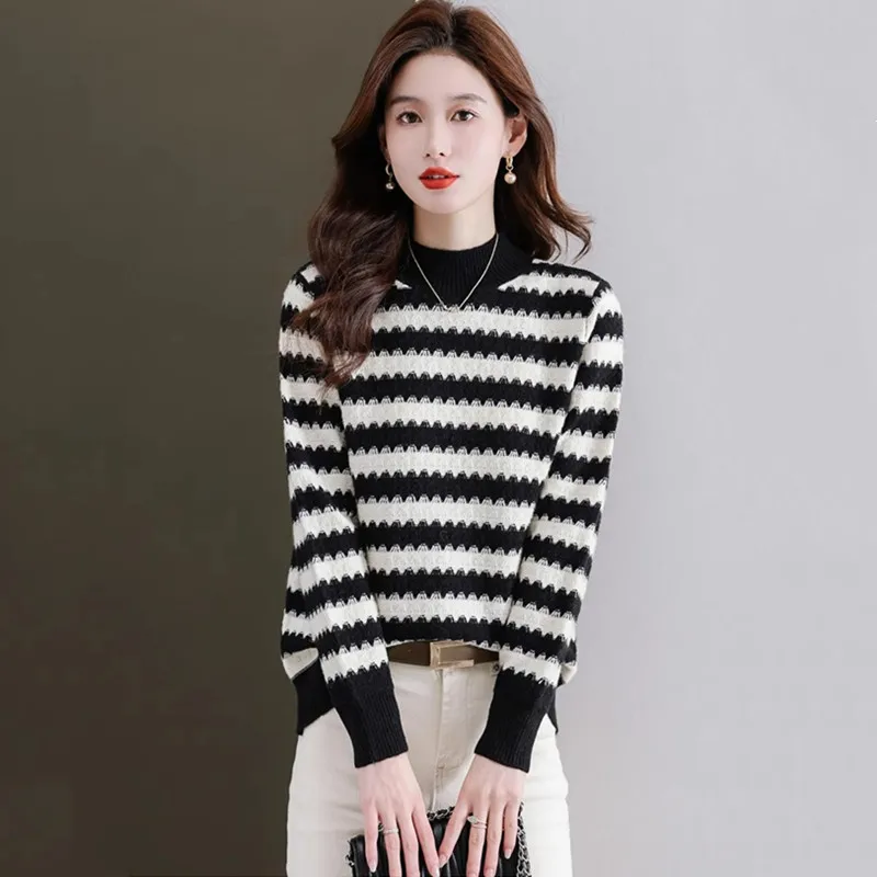 Women Striped Pullover Sweater For Autumn Winter 2023 New Clothes Casual Half High Collar Slim Female Bottom Knit Shirts