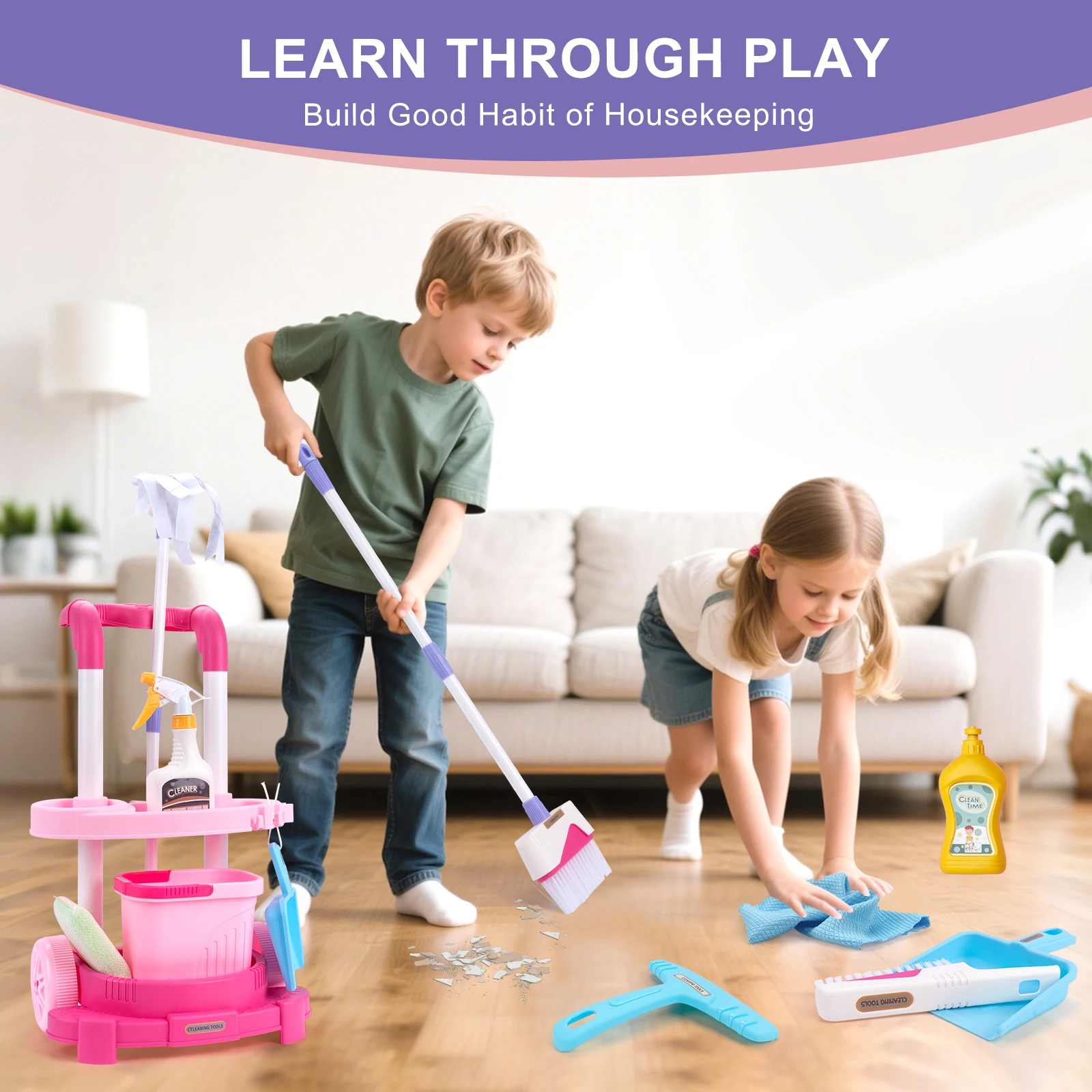 12 stks/set Kids cleaning Set met Handkar Gesimuleerde Leven Schoonmaken Speelgoed Fantasiespel Hygiëne Schoonmaken Speelhuis Speelgoed Jongens & Meisjes