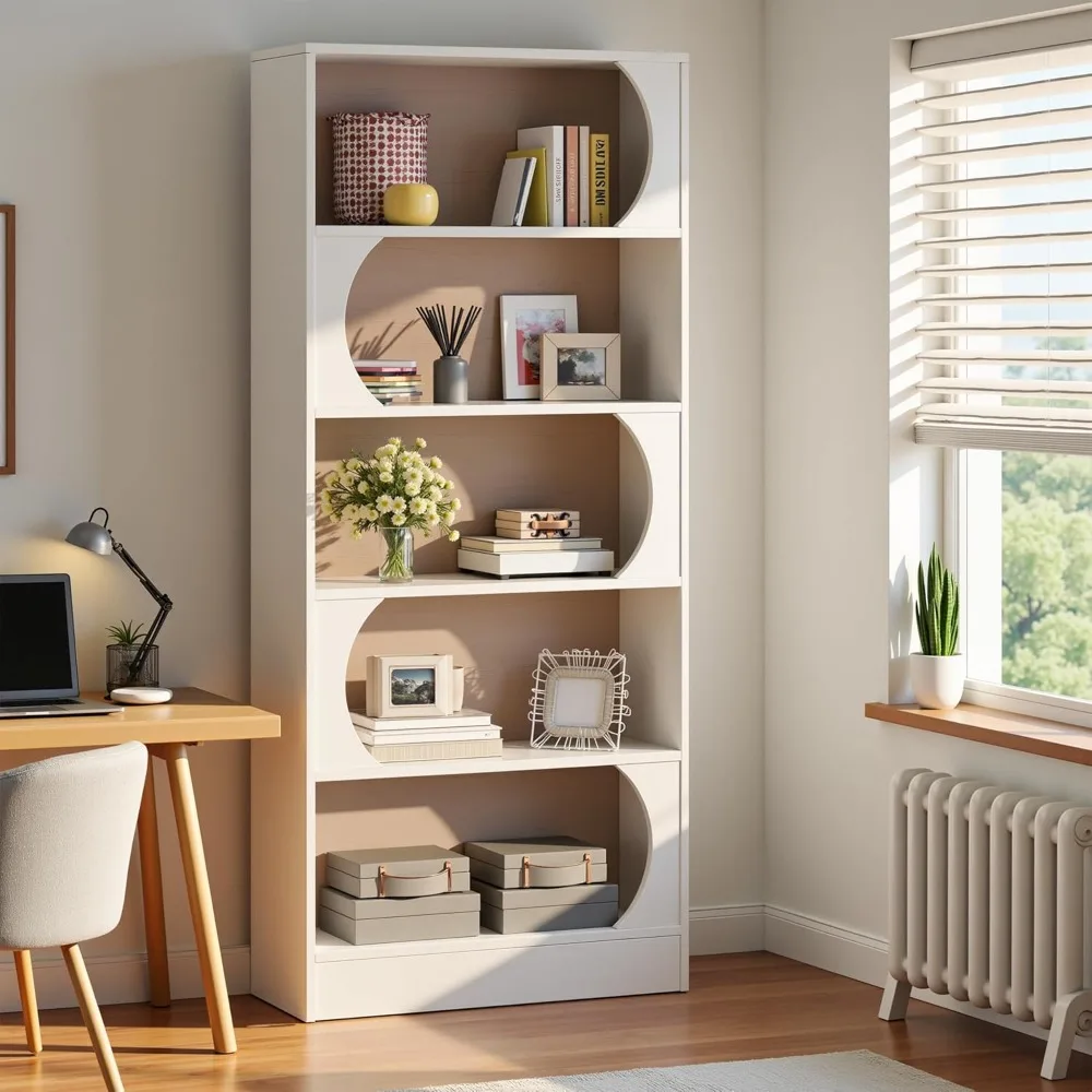 

6-Tier Tall Bookshelf, 71 Modern Bookcase with Closed Back, Retro White Freestanding Shelves with Storage for Living Room