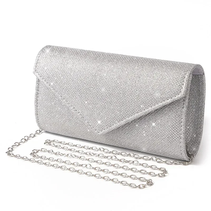 Glitter Evening Bag with Chain for Women, Long Purse, Shoulder Handbag for Phone, Female, Wedding Party, Fashion, Envelope