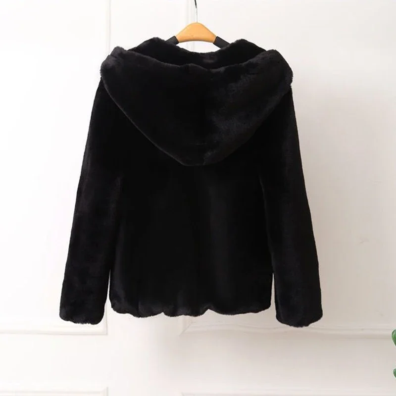 Lucyever High Quality Faux Rabbit Fur Hooded Coat Women Black Luxury Faux Fur Jacket Female Winter Zip Thick Warm Furry Coats