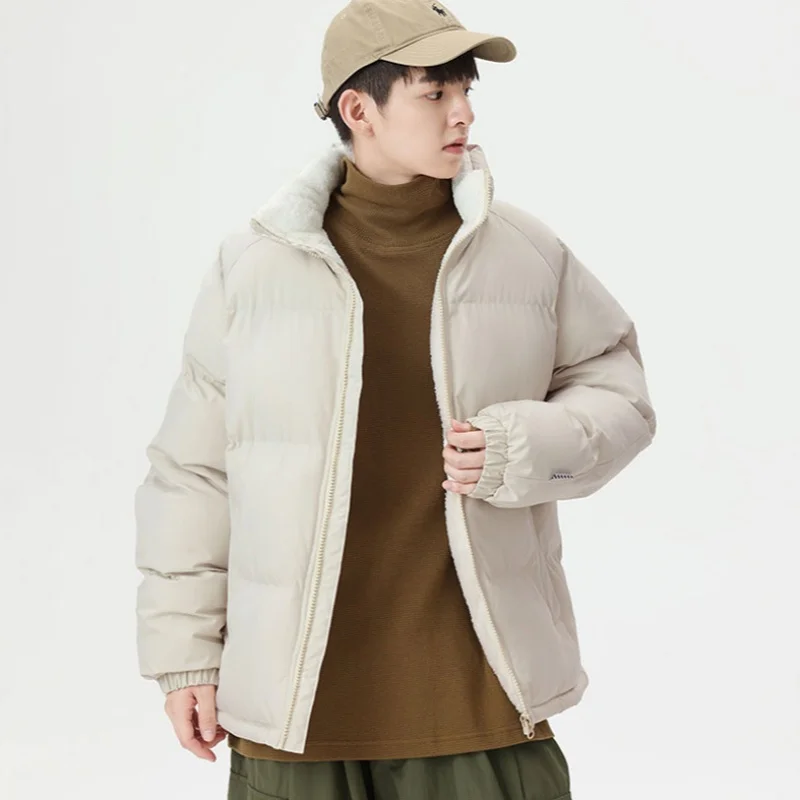 Winter Men's Lamb Fleece Jacket Loose Thick Plus Size Padded Coat Solid Color Fashion Stand Collar Fleece Warm Wadded Jacket