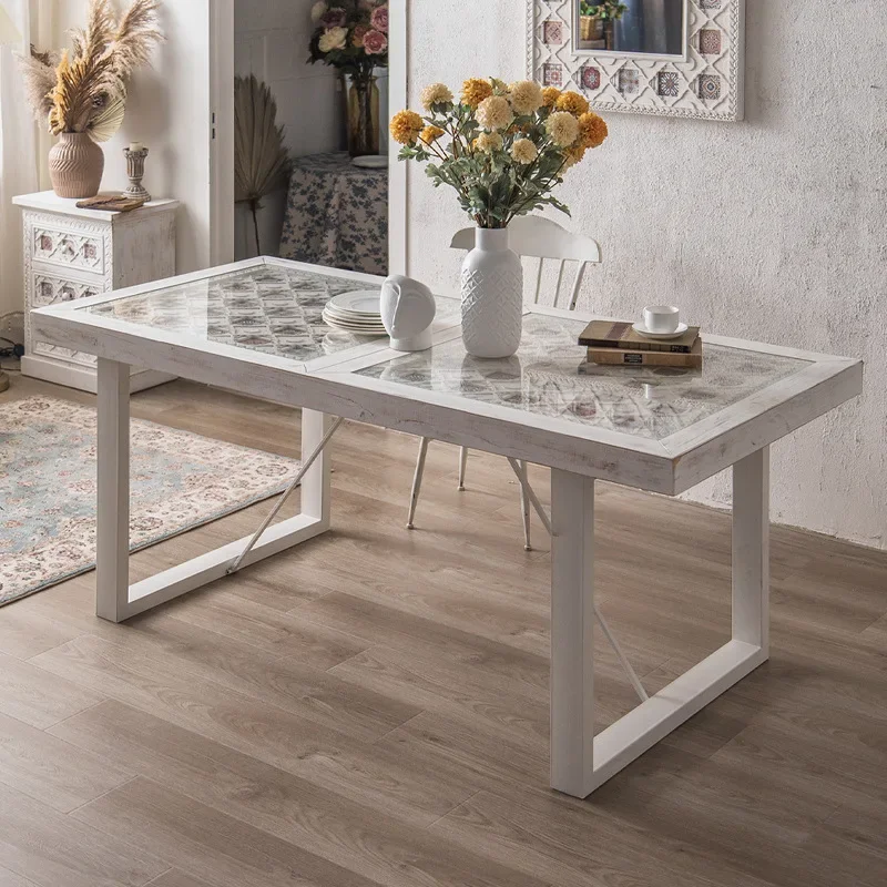 New American style minimalist old white six person long table in stock, old carved hand-painted glass rectangular dining table w