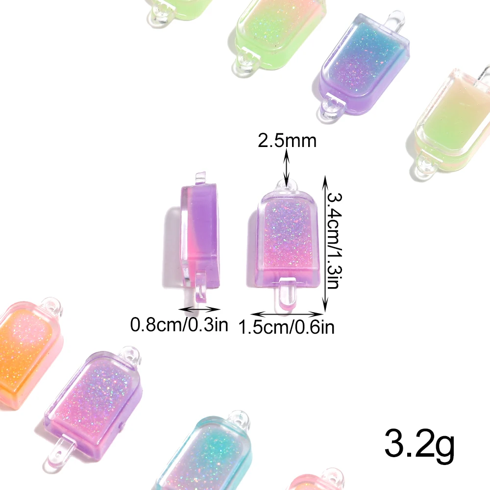 10pcs Glow-in-the-Dark Cute Ice Cream Charms Glitter Gradient Color Acrylic Pendant for DIY Jewelry Making Keychain Accessories