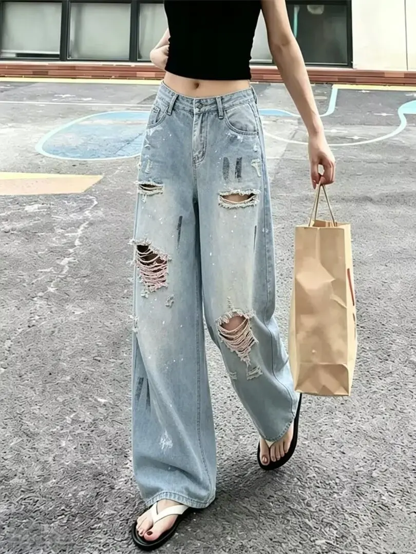 Spicy Girl Design Splashed Ink Ripped Denim Jeans Women's plus Size Straight Leg Wide Leg Floor-Length Pants Autumn New Arrival
