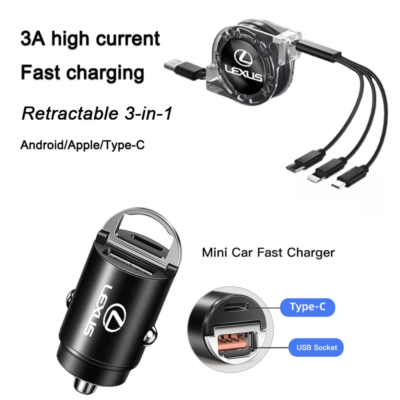 Carregador rápido para carro, porta usb tipo c, linha de carregamento 3 em 1, para lexus f sport gs gx is ls lx ct lc rc lbx nx rx 350h 450h es ux 300e