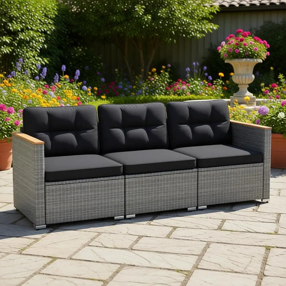 

Черный уличный 3-местный комплект плетеной мебели с подлокотниками из акации и толстыми подушками для патио, террасы, сада и заднего двора